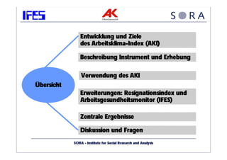 Entwicklung und Ziele
               des Arbeitsklima-Index (AKI)

               Beschreibung Instrument und Erhebung

                Verwendung des AKI
Übersicht
               Erweiterungen: Resignationsindex und
               Arbeitsgesundheitsmonitor (IFES)

               Zentrale Ergebnisse

               Diskussion und Fragen
            SORA - Institute for Social Research and Analysis
 