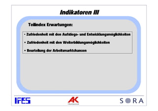 Indikatoren III
  Teilindex Erwartungen:

• Zufriedenheit mit den Aufstiegs- und Entwicklungsmöglichkeiten

• Zufriedenheit mit den Weiterbildungsmöglichkeiten

• Beurteilung der Arbeitsmarktchancen
 