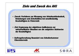 Ziele und Zweck des AKI


• Zweck: Verfahren zur Messung von Arbeitszufriedenheit,
   Belastungen und Arbeitsklima bei unselbständig
   Beschäftigten in Österreich

• Ziel: Ergänzung der objektiven Indikatoren zur
   wirtschaftlichen Situation um die subjektive Sichtweise
   der Beschäftigten

• Auftragsforschung finanziert von Arbeiterkammer
  Oberösterreich
 