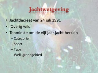 JachtwetgevingJachtdecreet van 24 juli 1991‘Overig wild’Tenminste om de vijf jaar jacht herzien CategorieSoortTypeWelk grondgebied