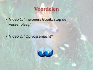 VoordelenVideo 1: “Inwoners Gooik: stop de vossenplaag”Video 2: “Op vossenjacht”