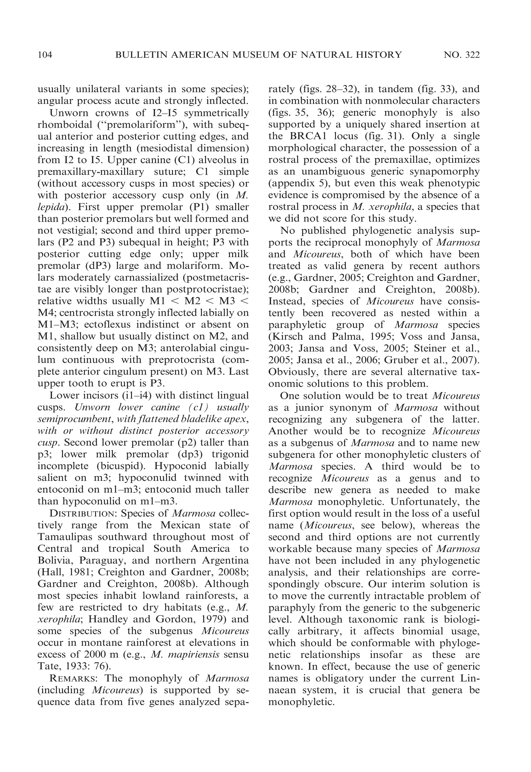 104

BULLETIN AMERICAN MUSEUM OF NATURAL HISTORY

usually unilateral variants in some species);
angular process acute and strongly inflected.
Unworn crowns of I2–I5 symmetrically
rhomboidal (‘‘premolariform’’), with subequal anterior and posterior cutting edges, and
increasing in length (mesiodistal dimension)
from I2 to I5. Upper canine (C1) alveolus in
premaxillary-maxillary suture; C1 simple
(without accessory cusps in most species) or
with posterior accessory cusp only (in M.
lepida). First upper premolar (P1) smaller
than posterior premolars but well formed and
not vestigial; second and third upper premolars (P2 and P3) subequal in height; P3 with
posterior cutting edge only; upper milk
premolar (dP3) large and molariform. Molars moderately carnassialized (postmetacristae are visibly longer than postprotocristae);
relative widths usually M1 , M2 , M3 ,
M4; centrocrista strongly inflected labially on
M1–M3; ectoflexus indistinct or absent on
M1, shallow but usually distinct on M2, and
consistently deep on M3; anterolabial cingulum continuous with preprotocrista (complete anterior cingulum present) on M3. Last
upper tooth to erupt is P3.
Lower incisors (i1–i4) with distinct lingual
cusps. Unworn lower canine (c1) usually
semiprocumbent, with flattened bladelike apex,
with or without distinct posterior accessory
cusp. Second lower premolar (p2) taller than
p3; lower milk premolar (dp3) trigonid
incomplete (bicuspid). Hypoconid labially
salient on m3; hypoconulid twinned with
entoconid on m1–m3; entoconid much taller
than hypoconulid on m1–m3.
DISTRIBUTION: Species of Marmosa collectively range from the Mexican state of
Tamaulipas southward throughout most of
Central and tropical South America to
Bolivia, Paraguay, and northern Argentina
(Hall, 1981; Creighton and Gardner, 2008b;
Gardner and Creighton, 2008b). Although
most species inhabit lowland rainforests, a
few are restricted to dry habitats (e.g., M.
xerophila; Handley and Gordon, 1979) and
some species of the subgenus Micoureus
occur in montane rainforest at elevations in
excess of 2000 m (e.g., M. mapiriensis sensu
Tate, 1933: 76).
REMARKS: The monophyly of Marmosa
(including Micoureus) is supported by sequence data from five genes analyzed sepa-

NO. 322

rately (figs. 28–32), in tandem (fig. 33), and
in combination with nonmolecular characters
(figs. 35, 36); generic monophyly is also
supported by a uniquely shared insertion at
the BRCA1 locus (fig. 31). Only a single
morphological character, the possession of a
rostral process of the premaxillae, optimizes
as an unambiguous generic synapomorphy
(appendix 5), but even this weak phenotypic
evidence is compromised by the absence of a
rostral process in M. xerophila, a species that
we did not score for this study.
No published phylogenetic analysis supports the reciprocal monophyly of Marmosa
and Micoureus, both of which have been
treated as valid genera by recent authors
(e.g., Gardner, 2005; Creighton and Gardner,
2008b; Gardner and Creighton, 2008b).
Instead, species of Micoureus have consistently been recovered as nested within a
paraphyletic group of Marmosa species
(Kirsch and Palma, 1995; Voss and Jansa,
2003; Jansa and Voss, 2005; Steiner et al.,
2005; Jansa et al., 2006; Gruber et al., 2007).
Obviously, there are several alternative taxonomic solutions to this problem.
One solution would be to treat Micoureus
as a junior synonym of Marmosa without
recognizing any subgenera of the latter.
Another would be to recognize Micoureus
as a subgenus of Marmosa and to name new
subgenera for other monophyletic clusters of
Marmosa species. A third would be to
recognize Micoureus as a genus and to
describe new genera as needed to make
Marmosa monophyletic. Unfortunately, the
first option would result in the loss of a useful
name (Micoureus, see below), whereas the
second and third options are not currently
workable because many species of Marmosa
have not been included in any phylogenetic
analysis, and their relationships are correspondingly obscure. Our interim solution is
to move the currently intractable problem of
paraphyly from the generic to the subgeneric
level. Although taxonomic rank is biologically arbitrary, it affects binomial usage,
which should be conformable with phylogenetic relationships insofar as these are
known. In effect, because the use of generic
names is obligatory under the current Linnaean system, it is crucial that genera be
monophyletic.

 