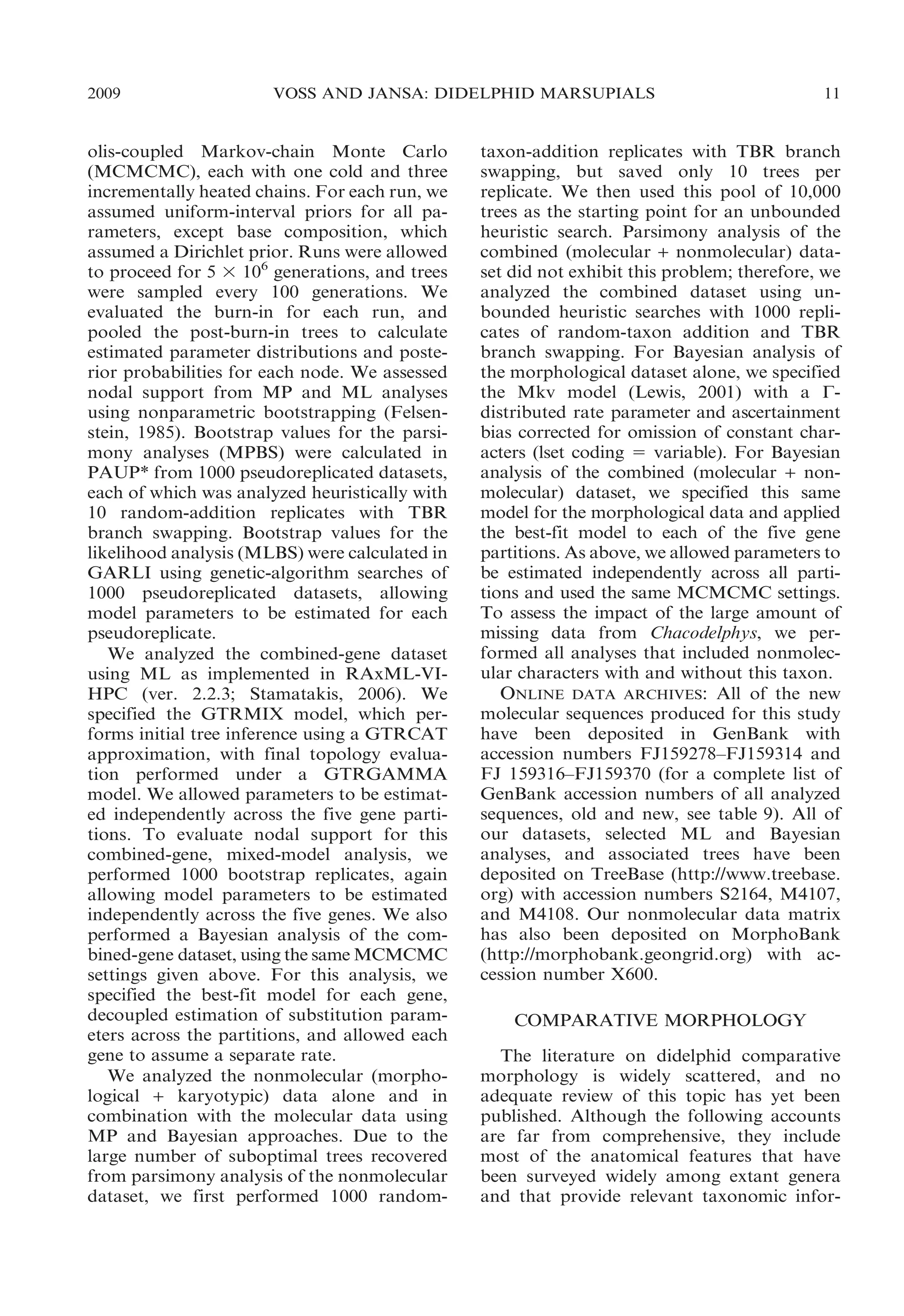 2009

VOSS AND JANSA: DIDELPHID MARSUPIALS

olis-coupled Markov-chain Monte Carlo
(MCMCMC), each with one cold and three
incrementally heated chains. For each run, we
assumed uniform-interval priors for all parameters, except base composition, which
assumed a Dirichlet prior. Runs were allowed
to proceed for 5 3 106 generations, and trees
were sampled every 100 generations. We
evaluated the burn-in for each run, and
pooled the post-burn-in trees to calculate
estimated parameter distributions and posterior probabilities for each node. We assessed
nodal support from MP and ML analyses
using nonparametric bootstrapping (Felsenstein, 1985). Bootstrap values for the parsimony analyses (MPBS) were calculated in
PAUP* from 1000 pseudoreplicated datasets,
each of which was analyzed heuristically with
10 random-addition replicates with TBR
branch swapping. Bootstrap values for the
likelihood analysis (MLBS) were calculated in
GARLI using genetic-algorithm searches of
1000 pseudoreplicated datasets, allowing
model parameters to be estimated for each
pseudoreplicate.
We analyzed the combined-gene dataset
using ML as implemented in RAxML-VIHPC (ver. 2.2.3; Stamatakis, 2006). We
specified the GTRMIX model, which performs initial tree inference using a GTRCAT
approximation, with final topology evaluation performed under a GTRGAMMA
model. We allowed parameters to be estimated independently across the five gene partitions. To evaluate nodal support for this
combined-gene, mixed-model analysis, we
performed 1000 bootstrap replicates, again
allowing model parameters to be estimated
independently across the five genes. We also
performed a Bayesian analysis of the combined-gene dataset, using the same MCMCMC
settings given above. For this analysis, we
specified the best-fit model for each gene,
decoupled estimation of substitution parameters across the partitions, and allowed each
gene to assume a separate rate.
We analyzed the nonmolecular (morphological + karyotypic) data alone and in
combination with the molecular data using
MP and Bayesian approaches. Due to the
large number of suboptimal trees recovered
from parsimony analysis of the nonmolecular
dataset, we first performed 1000 random-

11

taxon-addition replicates with TBR branch
swapping, but saved only 10 trees per
replicate. We then used this pool of 10,000
trees as the starting point for an unbounded
heuristic search. Parsimony analysis of the
combined (molecular + nonmolecular) dataset did not exhibit this problem; therefore, we
analyzed the combined dataset using unbounded heuristic searches with 1000 replicates of random-taxon addition and TBR
branch swapping. For Bayesian analysis of
the morphological dataset alone, we specified
the Mkv model (Lewis, 2001) with a Cdistributed rate parameter and ascertainment
bias corrected for omission of constant characters (lset coding 5 variable). For Bayesian
analysis of the combined (molecular + nonmolecular) dataset, we specified this same
model for the morphological data and applied
the best-fit model to each of the five gene
partitions. As above, we allowed parameters to
be estimated independently across all partitions and used the same MCMCMC settings.
To assess the impact of the large amount of
missing data from Chacodelphys, we performed all analyses that included nonmolecular characters with and without this taxon.
ONLINE DATA ARCHIVES: All of the new
molecular sequences produced for this study
have been deposited in GenBank with
accession numbers FJ159278–FJ159314 and
FJ 159316–FJ159370 (for a complete list of
GenBank accession numbers of all analyzed
sequences, old and new, see table 9). All of
our datasets, selected ML and Bayesian
analyses, and associated trees have been
deposited on TreeBase (http://www.treebase.
org) with accession numbers S2164, M4107,
and M4108. Our nonmolecular data matrix
has also been deposited on MorphoBank
(http://morphobank.geongrid.org) with accession number X600.
COMPARATIVE MORPHOLOGY
The literature on didelphid comparative
morphology is widely scattered, and no
adequate review of this topic has yet been
published. Although the following accounts
are far from comprehensive, they include
most of the anatomical features that have
been surveyed widely among extant genera
and that provide relevant taxonomic infor-

 