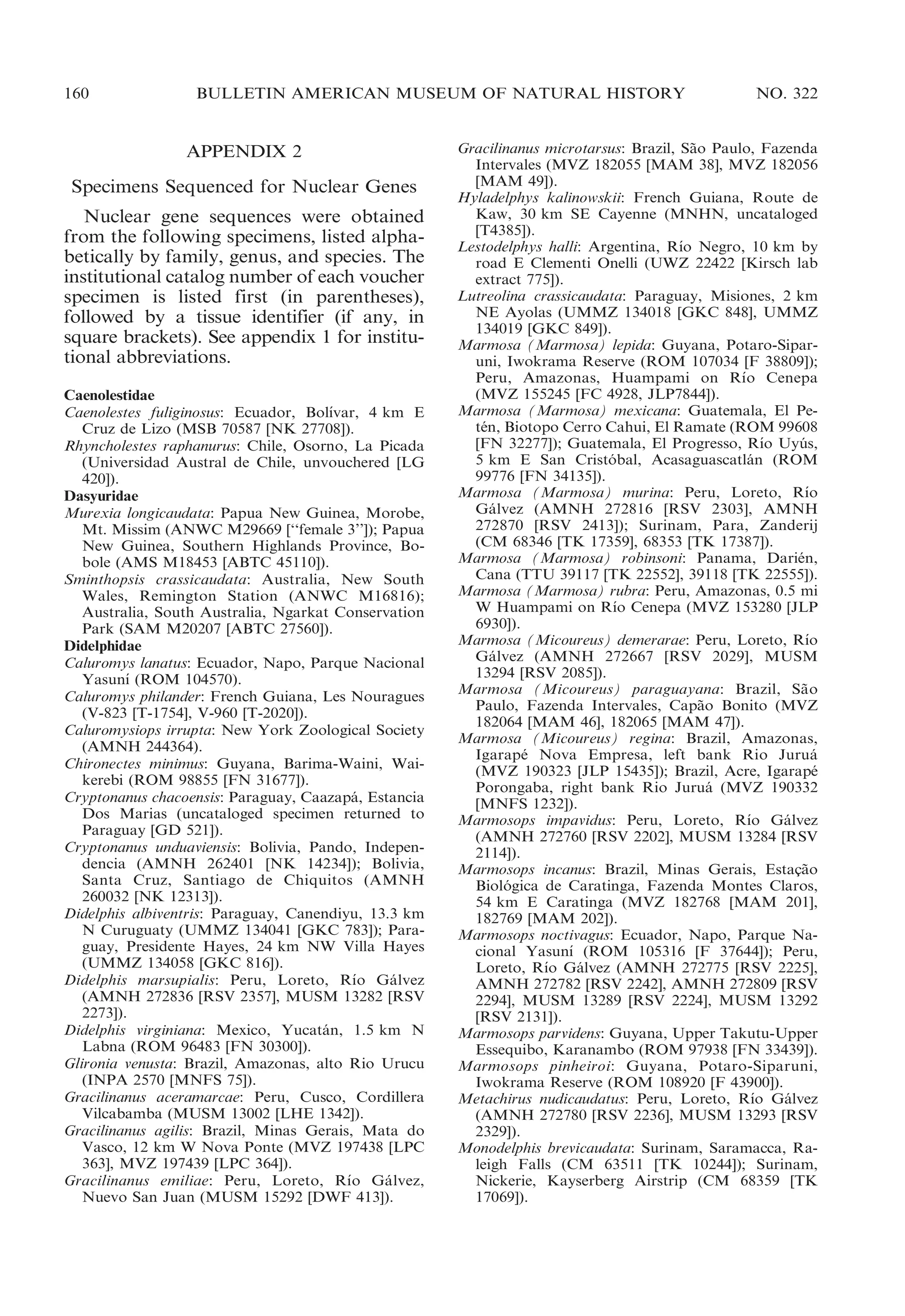 160

BULLETIN AMERICAN MUSEUM OF NATURAL HISTORY

APPENDIX 2

Specimens Sequenced for Nuclear Genes
Nuclear gene sequences were obtained
from the following specimens, listed alphabetically by family, genus, and species. The
institutional catalog number of each voucher
specimen is listed first (in parentheses),
followed by a tissue identifier (if any, in
square brackets). See appendix 1 for institutional abbreviations.
Caenolestidae
´
Caenolestes fuliginosus: Ecuador, Bolıvar, 4 km E
Cruz de Lizo (MSB 70587 [NK 27708]).
Rhyncholestes raphanurus: Chile, Osorno, La Picada
(Universidad Austral de Chile, unvouchered [LG
420]).
Dasyuridae
Murexia longicaudata: Papua New Guinea, Morobe,
Mt. Missim (ANWC M29669 [‘‘female 3’’]); Papua
New Guinea, Southern Highlands Province, Bobole (AMS M18453 [ABTC 45110]).
Sminthopsis crassicaudata: Australia, New South
Wales, Remington Station (ANWC M16816);
Australia, South Australia, Ngarkat Conservation
Park (SAM M20207 [ABTC 27560]).
Didelphidae
Caluromys lanatus: Ecuador, Napo, Parque Nacional
´
Yasunı (ROM 104570).
Caluromys philander: French Guiana, Les Nouragues
(V-823 [T-1754], V-960 [T-2020]).
Caluromysiops irrupta: New York Zoological Society
(AMNH 244364).
Chironectes minimus: Guyana, Barima-Waini, Waikerebi (ROM 98855 [FN 31677]).
Cryptonanus chacoensis: Paraguay, Caazapa, Estancia
´
Dos Marias (uncataloged specimen returned to
Paraguay [GD 521]).
Cryptonanus unduaviensis: Bolivia, Pando, Independencia (AMNH 262401 [NK 14234]); Bolivia,
Santa Cruz, Santiago de Chiquitos (AMNH
260032 [NK 12313]).
Didelphis albiventris: Paraguay, Canendiyu, 13.3 km
N Curuguaty (UMMZ 134041 [GKC 783]); Paraguay, Presidente Hayes, 24 km NW Villa Hayes
(UMMZ 134058 [GKC 816]).
´
Didelphis marsupialis: Peru, Loreto, Rıo Galvez
´
(AMNH 272836 [RSV 2357], MUSM 13282 [RSV
2273]).
Didelphis virginiana: Mexico, Yucatan, 1.5 km N
´
Labna (ROM 96483 [FN 30300]).
Glironia venusta: Brazil, Amazonas, alto Rio Urucu
(INPA 2570 [MNFS 75]).
Gracilinanus aceramarcae: Peru, Cusco, Cordillera
Vilcabamba (MUSM 13002 [LHE 1342]).
Gracilinanus agilis: Brazil, Minas Gerais, Mata do
Vasco, 12 km W Nova Ponte (MVZ 197438 [LPC
363], MVZ 197439 [LPC 364]).
´
Gracilinanus emiliae: Peru, Loreto, Rıo Ga lvez,
´
Nuevo San Juan (MUSM 15292 [DWF 413]).

NO. 322

Gracilinanus microtarsus: Brazil, Sao Paulo, Fazenda
˜
Intervales (MVZ 182055 [MAM 38], MVZ 182056
[MAM 49]).
Hyladelphys kalinowskii: French Guiana, Route de
Kaw, 30 km SE Cayenne (MNHN, uncataloged
[T4385]).
´
Lestodelphys halli: Argentina, Rıo Negro, 10 km by
road E Clementi Onelli (UWZ 22422 [Kirsch lab
extract 775]).
Lutreolina crassicaudata: Paraguay, Misiones, 2 km
NE Ayolas (UMMZ 134018 [GKC 848], UMMZ
134019 [GKC 849]).
Marmosa (Marmosa) lepida: Guyana, Potaro-Siparuni, Iwokrama Reserve (ROM 107034 [F 38809]);
´
Peru, Amazonas, Huampami on Rıo Cenepa
(MVZ 155245 [FC 4928, JLP7844]).
Marmosa (Marmosa) mexicana: Guatemala, El Peten, Biotopo Cerro Cahui, El Ramate (ROM 99608
´
´
[FN 32277]); Guatemala, El Progresso, Rıo Uyus,
´
5 km E San Cristobal, Acasaguascatlan (ROM
´
´
99776 [FN 34135]).
´
Marmosa (Marmosa) murina: Peru, Loreto, Rıo
Galvez (AMNH 272816 [RSV 2303], AMNH
´
272870 [RSV 2413]); Surinam, Para, Zanderij
(CM 68346 [TK 17359], 68353 [TK 17387]).
Marmosa (Marmosa) robinsoni: Panama, Darien,
´
Cana (TTU 39117 [TK 22552], 39118 [TK 22555]).
Marmosa (Marmosa) rubra: Peru, Amazonas, 0.5 mi
´
W Huampami on Rıo Cenepa (MVZ 153280 [JLP
6930]).
´
Marmosa (Micoureus) demerarae: Peru, Loreto, Rıo
Galvez (AMNH 272667 [RSV 2029], MUSM
´
13294 [RSV 2085]).
Marmosa (Micoureus) paraguayana: Brazil, Sa o
˜
Paulo, Fazenda Intervales, Capao Bonito (MVZ
˜
182064 [MAM 46], 182065 [MAM 47]).
Marmosa (Micoureus) regina: Brazil, Amazonas,
Igarape Nova Empresa, left bank Rio Jurua
´
´
(MVZ 190323 [JLP 15435]); Brazil, Acre, Igarape
´
Porongaba, right bank Rio Jurua (MVZ 190332
´
[MNFS 1232]).
´
Marmosops impavidus: Peru, Loreto, Rıo Galvez
´
(AMNH 272760 [RSV 2202], MUSM 13284 [RSV
2114]).
Marmosops incanus: Brazil, Minas Gerais, Estacao
¸˜
Biologica de Caratinga, Fazenda Montes Claros,
´
54 km E Caratinga (MVZ 182768 [MAM 201],
182769 [MAM 202]).
Marmosops noctivagus: Ecuador, Napo, Parque Na´
cional Yasunı (ROM 105316 [F 37644]); Peru,
´
Loreto, Rıo Galvez (AMNH 272775 [RSV 2225],
´
AMNH 272782 [RSV 2242], AMNH 272809 [RSV
2294], MUSM 13289 [RSV 2224], MUSM 13292
[RSV 2131]).
Marmosops parvidens: Guyana, Upper Takutu-Upper
Essequibo, Karanambo (ROM 97938 [FN 33439]).
Marmosops pinheiroi: Guyana, Potaro-Siparuni,
Iwokrama Reserve (ROM 108920 [F 43900]).
´
Metachirus nudicaudatus: Peru, Loreto, Rıo Galvez
´
(AMNH 272780 [RSV 2236], MUSM 13293 [RSV
2329]).
Monodelphis brevicaudata: Surinam, Saramacca, Raleigh Falls (CM 63511 [TK 10244]); Surinam,
Nickerie, Kayserberg Airstrip (CM 68359 [TK
17069]).

 