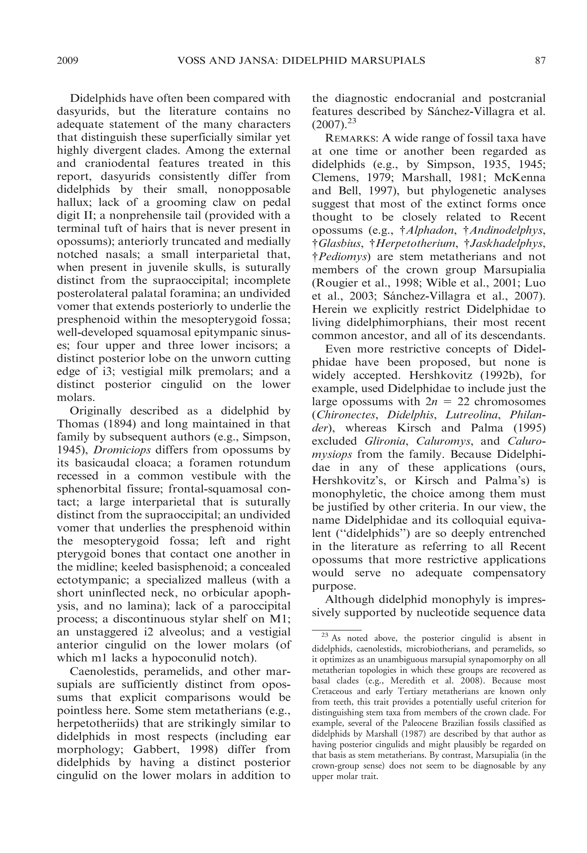 2009

VOSS AND JANSA: DIDELPHID MARSUPIALS

Didelphids have often been compared with
dasyurids, but the literature contains no
adequate statement of the many characters
that distinguish these superficially similar yet
highly divergent clades. Among the external
and craniodental features treated in this
report, dasyurids consistently differ from
didelphids by their small, nonopposable
hallux; lack of a grooming claw on pedal
digit II; a nonprehensile tail (provided with a
terminal tuft of hairs that is never present in
opossums); anteriorly truncated and medially
notched nasals; a small interparietal that,
when present in juvenile skulls, is suturally
distinct from the supraoccipital; incomplete
posterolateral palatal foramina; an undivided
vomer that extends posteriorly to underlie the
presphenoid within the mesopterygoid fossa;
well-developed squamosal epitympanic sinuses; four upper and three lower incisors; a
distinct posterior lobe on the unworn cutting
edge of i3; vestigial milk premolars; and a
distinct posterior cingulid on the lower
molars.
Originally described as a didelphid by
Thomas (1894) and long maintained in that
family by subsequent authors (e.g., Simpson,
1945), Dromiciops differs from opossums by
its basicaudal cloaca; a foramen rotundum
recessed in a common vestibule with the
sphenorbital fissure; frontal-squamosal contact; a large interparietal that is suturally
distinct from the supraoccipital; an undivided
vomer that underlies the presphenoid within
the mesopterygoid fossa; left and right
pterygoid bones that contact one another in
the midline; keeled basisphenoid; a concealed
ectotympanic; a specialized malleus (with a
short uninflected neck, no orbicular apophysis, and no lamina); lack of a paroccipital
process; a discontinuous stylar shelf on M1;
an unstaggered i2 alveolus; and a vestigial
anterior cingulid on the lower molars (of
which m1 lacks a hypoconulid notch).
Caenolestids, peramelids, and other marsupials are sufficiently distinct from opossums that explicit comparisons would be
pointless here. Some stem metatherians (e.g.,
herpetotheriids) that are strikingly similar to
didelphids in most respects (including ear
morphology; Gabbert, 1998) differ from
didelphids by having a distinct posterior
cingulid on the lower molars in addition to

87

the diagnostic endocranial and postcranial
features described by Sanchez-Villagra et al.
´
(2007).23
REMARKS: A wide range of fossil taxa have
at one time or another been regarded as
didelphids (e.g., by Simpson, 1935, 1945;
Clemens, 1979; Marshall, 1981; McKenna
and Bell, 1997), but phylogenetic analyses
suggest that most of the extinct forms once
thought to be closely related to Recent
opossums (e.g., {Alphadon, {Andinodelphys,
{Glasbius, {Herpetotherium, {Jaskhadelphys,
{Pediomys) are stem metatherians and not
members of the crown group Marsupialia
(Rougier et al., 1998; Wible et al., 2001; Luo
et al., 2003; Sanchez-Villagra et al., 2007).
´
Herein we explicitly restrict Didelphidae to
living didelphimorphians, their most recent
common ancestor, and all of its descendants.
Even more restrictive concepts of Didelphidae have been proposed, but none is
widely accepted. Hershkovitz (1992b), for
example, used Didelphidae to include just the
large opossums with 2n 5 22 chromosomes
(Chironectes, Didelphis, Lutreolina, Philander), whereas Kirsch and Palma (1995)
excluded Glironia, Caluromys, and Caluromysiops from the family. Because Didelphidae in any of these applications (ours,
Hershkovitz’s, or Kirsch and Palma’s) is
monophyletic, the choice among them must
be justified by other criteria. In our view, the
name Didelphidae and its colloquial equivalent (‘‘didelphids’’) are so deeply entrenched
in the literature as referring to all Recent
opossums that more restrictive applications
would serve no adequate compensatory
purpose.
Although didelphid monophyly is impressively supported by nucleotide sequence data
23
As noted above, the posterior cingulid is absent in
didelphids, caenolestids, microbiotherians, and peramelids, so
it optimizes as an unambiguous marsupial synapomorphy on all
metatherian topologies in which these groups are recovered as
basal clades (e.g., Meredith et al. 2008). Because most
Cretaceous and early Tertiary metatherians are known only
from teeth, this trait provides a potentially useful criterion for
distinguishing stem taxa from members of the crown clade. For
example, several of the Paleocene Brazilian fossils classified as
didelphids by Marshall (1987) are described by that author as
having posterior cingulids and might plausibly be regarded on
that basis as stem metatherians. By contrast, Marsupialia (in the
crown-group sense) does not seem to be diagnosable by any
upper molar trait.

 