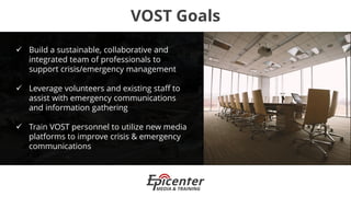 VOST Goals
 Build a sustainable, collaborative and
integrated team of professionals to
support crisis/emergency management
 Leverage volunteers and existing staff to
assist with emergency communications
and information gathering
 Train VOST personnel to utilize new media
platforms to improve crisis & emergency
communications
 