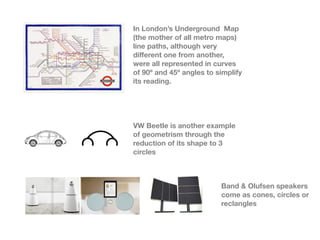 In Londons Underground Map
(the mother of all metro maps)
line paths, although very
di?erent one from another,
were all represented in curves
of 90? and 45? angles to simplify
its reading.




VW Beetle is another example
of geometrism through the
reduction of its shape to 3
circles



                          Band & Olufsen speakers
                          come as cones, circles or
                          reclangles
 