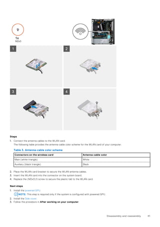 Steps
1. Connect the antenna cables to the WLAN card.
The following table provides the antenna-cable color scheme for the WLAN card of your computer.
Table 3. Antenna-cable color scheme
Connectors on the wireless card Antenna-cable color
Main (white triangle) White
Auxiliary (black triangle) Black
2. Place the WLAN card bracket to secure the WLAN antenna cables.
3. Insert the WLAN card into the connector on the system board.
4. Replace the (M2x3).5 screw to secure the plastic tab to the WLAN card.
Next steps
1. Install the powered GPU.
NOTE: This step is required only if the system is configured with powered GPU.
2. Install the Side cover.
3. Follow the procedure in After working on your computer.
Disassembly and reassembly 41
 