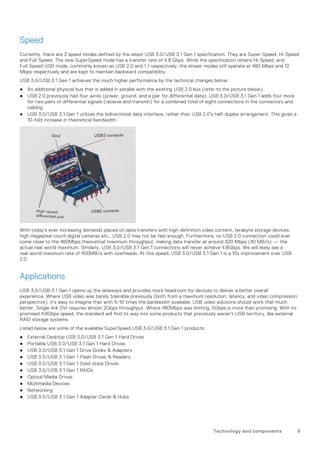 Speed
Currently, there are 3 speed modes defined by the latest USB 3.0/USB 3.1 Gen 1 specification. They are Super-Speed, Hi-Speed
and Full-Speed. The new SuperSpeed mode has a transfer rate of 4.8 Gbps. While the specification retains Hi-Speed, and
Full-Speed USB mode, commonly known as USB 2.0 and 1.1 respectively, the slower modes still operate at 480 Mbps and 12
Mbps respectively and are kept to maintain backward compatibility.
USB 3.0/USB 3.1 Gen 1 achieves the much higher performance by the technical changes below:
● An additional physical bus that is added in parallel with the existing USB 2.0 bus (refer to the picture below).
● USB 2.0 previously had four wires (power, ground, and a pair for differential data); USB 3.0/USB 3.1 Gen 1 adds four more
for two pairs of differential signals (receive and transmit) for a combined total of eight connections in the connectors and
cabling.
● USB 3.0/USB 3.1 Gen 1 utilizes the bidirectional data interface, rather than USB 2.0's half-duplex arrangement. This gives a
10-fold increase in theoretical bandwidth.
With today's ever increasing demands placed on data transfers with high-definition video content, terabyte storage devices,
high megapixel count digital cameras etc., USB 2.0 may not be fast enough. Furthermore, no USB 2.0 connection could ever
come close to the 480Mbps theoretical maximum throughput, making data transfer at around 320 Mbps (40 MB/s) — the
actual real-world maximum. Similarly, USB 3.0/USB 3.1 Gen 1 connections will never achieve 4.8Gbps. We will likely see a
real-world maximum rate of 400MB/s with overheads. At this speed, USB 3.0/USB 3.1 Gen 1 is a 10x improvement over USB
2.0.
Applications
USB 3.0/USB 3.1 Gen 1 opens up the laneways and provides more headroom for devices to deliver a better overall
experience. Where USB video was barely tolerable previously (both from a maximum resolution, latency, and video compression
perspective), it's easy to imagine that with 5-10 times the bandwidth available, USB video solutions should work that much
better. Single-link DVI requires almost 2Gbps throughput. Where 480Mbps was limiting, 5Gbps is more than promising. With its
promised 4.8Gbps speed, the standard will find its way into some products that previously weren't USB territory, like external
RAID storage systems.
Listed below are some of the available SuperSpeed USB 3.0/USB 3.1 Gen 1 products:
● External Desktop USB 3.0/USB 3.1 Gen 1 Hard Drives
● Portable USB 3.0/USB 3.1 Gen 1 Hard Drives
● USB 3.0/USB 3.1 Gen 1 Drive Docks & Adapters
● USB 3.0/USB 3.1 Gen 1 Flash Drives & Readers
● USB 3.0/USB 3.1 Gen 1 Solid-state Drives
● USB 3.0/USB 3.1 Gen 1 RAIDs
● Optical Media Drives
● Multimedia Devices
● Networking
● USB 3.0/USB 3.1 Gen 1 Adapter Cards & Hubs
Technology and components 9
 
