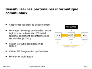 Sensibiliser les partenaires informatique communaux Adapter les logiciels de dépouillement Formater l’échange de données  entre logiciels sur la base du référentiel cantonal contenant des informations  structurées (n.XML). Tester les outils (comparatif de calculs)  Valider l’échange entre applications Former les utilisateurs Stéphane Gilliéron  - EMQM  14.04.2005 Page 17  
