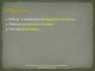 1. Utilizar e interpretar los diagramas de barras.
2. Elaborar un recuento de datos
3. Calcular porcentajes




              Curso de Medios de Comunicación como recurso didáctico
                             Octubre-Diciembre 2012
 