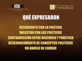 QUÉ EXPRESARON<br />DESENCANTO CON LA POLÍTICA<br />MALESTAR CON LOS POLÍTICOS<br />CONTRADICCIÓN ENTRE DISCURSO Y PRÁCTIC...