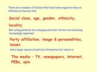 There are a number of factors that have been argued to have an influence on how we vote. Social class, age, gender, ethnicity, locality But voting patterns are changing and other factors are becoming increasingly important Party affiliation, image & personalities, issues And a major source of political information for voters is The media – TV, newspapers, internet, PEBs, spin 