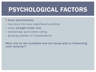 PSYCHOLOGICAL FACTORS 
 Par ty Identification 
-- has been the most signi ficant predictor 
-- many st raight -ticket vote 
-- weakening; spl it-ticket voting 
-- growing number of independents 
What role do the candidate and the issues play in influencing 
voter behavior? 
