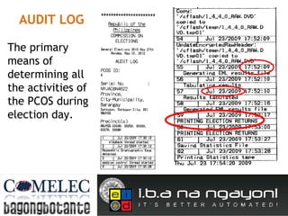 AUDIT LOG The primary means of determining all the activities of the PCOS during election day.  