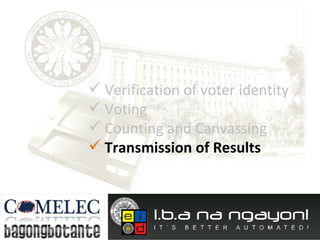 Verification of voter identity Voting  Counting and Canvassing Transmission of Results 