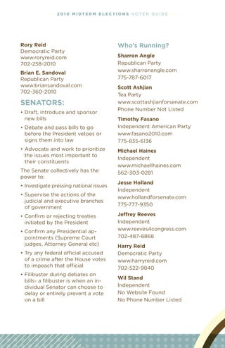 • • • • 2 01 0 M i dt e r M e l ec t i o n s vOT e R G u I D e • • • •




rory reid                                       Who’s running?
Democratic Party
www.roryreid.com                                sharron angle
702-258-2010                                    Republican Party
Brian e. sandoval                               www.sharronangle.com
Republican Party                                775-787-6017
www.briansandoval.com                           scott ashjian
702-360-2010
                                                Tea Party
seNators:                                       www.scottashjianforsenate.com
                                                Phone Number Not Listed
•	Draft,	introduce	and	sponsor	
  new bills                                     timothy Fasano
•	Debate	and	pass	bills	to	go	                  Independent American Party
  before the President vetoes or                www.fasano2010.com
  signs them into law                           775-835-6136
•	Advocate	and	work	to	prioritize	              Michael haines
  the issues most important to
                                                Independent
  their constituents
                                                www.michaellhaines.com
The Senate collectively has the                 562-303-0281
power to:
                                                Jesse holland
•	Investigate	pressing	national	issues
                                                Independent
•	Supervise	the	actions	of	the	
                                                www.hollandforsenate.com
  judicial and executive branches
                                                775-777-9350
  of government
•	Conﬁrm	or	rejecting	treaties	                 Jeffrey reeves
  initiated by the President                    Independent
•	Conﬁrm	any	Presidential	ap-                   www.reeves4congress.com
  pointments (Supreme Court                     702-487-8868
  judges, Attorney General etc)                 harry reid
•	Try	any	federal	official	accused	             Democratic Party
  of a crime after the House votes              www.harryreid.com
  to	impeach	that	official                      702-522-9840
•	Filibuster	during	debates	on	
                                                Wil stand
  bills- a filibuster is when an in-
  dividual Senator can choose to                Independent
  delay or entirely prevent a vote              No Website Found
  on a bill                                     No Phone Number Listed
 