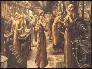 Key pointsKey points
The shell shortage crisis in 1915The shell shortage crisis in 1915
began to change the situation.began to change the situation.
Women were taken on to work inWomen were taken on to work in
munitions factories. The governmentmunitions factories. The government
did a deal with the trade unions,did a deal with the trade unions,
known as the Treasury Agreements.known as the Treasury Agreements.
The unions agreed to accept femaleThe unions agreed to accept female
labour in place of menlabour in place of men ‘for the‘for the
duration of the war’duration of the war’..
 
