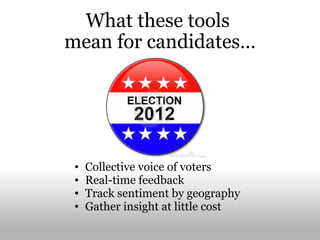 What these tools  mean for candidates… Collective voice of voters Real-time feedback Track sentiment by geography Gather insight at little cost 