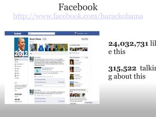 Facebook http://www.facebook.com/barackobama 24,032,731  like this 315,522   talking about this 