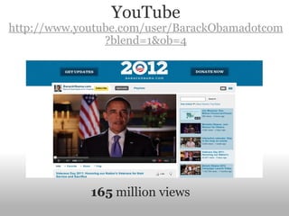 YouTube http://www.youtube.com/user/BarackObamadotcom?blend=1&ob=4 165  million views  