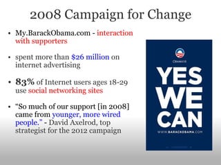 2008 Campaign for Change My.BarackObama.com -  interaction with supporters spent more than  $26 million  on internet advertising   83%  of Internet users ages 18-29 use  social networking sites “ So much of our support [in 2008] came from  younger, more wired people.”   -  David Axelrod, top strategist for the 2012 campaign 