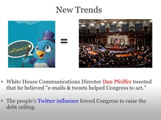 New Trends = White House Communications Director  Dan Pfeiffer  tweeted that he believed "e-mails & tweets helped Congress to act."   The people's  Twitter influence  forced Congress to raise the debt ceiling.  