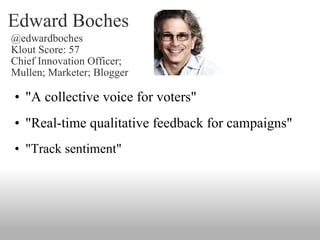 Edward Boches @edwardboches Klout Score: 57 Chief Innovation Officer;  Mullen; Marketer; Blogger "A collective voice for voters" "Real-time qualitative feedback for campaigns" "Track sentiment" 