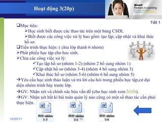 Hoạt động 3(20p) Mục tiêu: Học sinh biết được các thao tác trên một bảng CSDL Biết được các công việc xử lý bao gồm: tạo lập, cập nhật và khai thác hồ sơ. Tiến trình thực hiện: ( chia lớp thành 6 nhóm) Phát phiếu học tập cho hoc sinh. Chia các công việc xử lý: Tạo lập hồ sơ (nhóm 1-2) (nhóm 2 bổ sung nhóm 1) Cập nhật hồ sơ (nhóm 3-4) (nhóm 4 bổ sung nhóm 3) Khai thác hồ sơ (nhóm 5-6) (nhóm 6 bổ sung nhóm 5) Yêu cầu học sinh thảo luận và trả lời câu hỏi trong phiếu học tập,cử đại diện nhóm trình bày trước lớp.  GV: Nhận xét và chính xác hóa vấn đề (cho học sinh xem  hình ).   GV: Nhận xét bất kì bài toán quản lý nào cũng có một số thao tác cần phải thực hiện. Tiết 1 10/20/11 10 