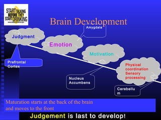 Brain Development
Motivation
Emotion
Judgment
Cerebellu
m
Amygdala
Nucleus
Accumbens
Prefrontal
Cortex
Judgement is last to develop!
Physical
coordination
Sensory
processing
Maturation starts at the back of the brain
and moves to the front
 