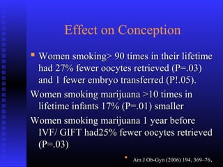Effect on Conception
 Women smoking> 90 times in their lifetimeWomen smoking> 90 times in their lifetime
had 27% fewer oocytes retrieved (P=.03)had 27% fewer oocytes retrieved (P=.03)
and 1 fewer embryo transferred (P!.05).and 1 fewer embryo transferred (P!.05).
Women smoking marijuana >10 times inWomen smoking marijuana >10 times in
lifetime infants 17% (P=.01) smallerlifetime infants 17% (P=.01) smaller
Women smoking marijuana 1 year beforeWomen smoking marijuana 1 year before
IVF/ GIFT had25% fewer oocytes retrievedIVF/ GIFT had25% fewer oocytes retrieved
(P=.03)(P=.03)
 Am J Ob-Gyn (2006) 194, 369–76Am J Ob-Gyn (2006) 194, 369–76..
 