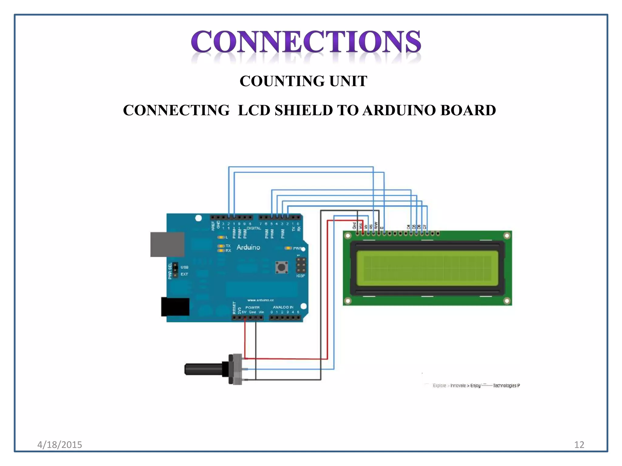 CONNECTING LCD SHIELD TO ARDUINO BOARD
4/18/2015 12
COUNTING UNIT