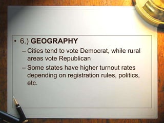 • 6.) GEOGRAPHY
– Cities tend to vote Democrat, while rural
areas vote Republican
– Some states have higher turnout rates
depending on registration rules, politics,
etc.
 