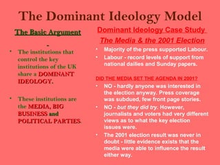 The Dominant Ideology Model
 The Basic Argument        Dominant Ideology Case Study
                           The Media & the 2001 Election
• The institutions that    •   Majority of the press supported Labour.
  control the key          •   Labour - record levels of support from
  institutions of the UK       national dailies and Sunday papers.
  share a DOMINANT
                           DID THE MEDIA SET THE AGENDA IN 2001?
  IDEOLOGY.
                           •   NO - hardly anyone was interested in
                               the election anyway. Press coverage
• These institutions are       was subdued, few front page stories.
  the MEDIA, BIG           •   NO - but they did try. However,
  BUSINESS and                 journalists and voters had very different
  POLITICAL PARTIES.
               PARTIES         views as to what the key election
                               issues were.
                           •   The 2001 election result was never in
                               doubt - little evidence exists that the
                               media were able to influence the result
                               either way.
 