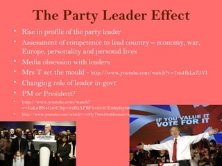 The Party Leader Effect
• Rise in profile of the party leader
• Assessment of competence to lead country – economy, war,
  Europe, personality and personal lives
• Media obsession with leaders
• Mrs T set the mould - http://www.youtube.com/watch?v=7noHkLaZ5VI
• Changing role of leader in govt
• PM or President?
•   http://www.youtube.com/watch?
    v=EaL8BN4Gr0U&p=24B2AFBF94834CE9&playnext=1&index=4
•   http://www.youtube.com/watch?v=0fIyT66s4So&feature=related
 