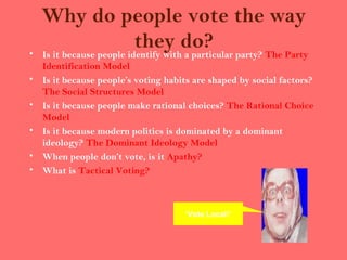 Why do people vote the way
•
                           they do? party? The Party
    Is it because people identify with a particular
    Identification Model
•   Is it because people’s voting habits are shaped by social factors?
    The Social Structures Model
•   Is it because people make rational choices? The Rational Choice
    Model
•   Is it because modern politics is dominated by a dominant
    ideology? The Dominant Ideology Model
•   When people don’t vote, is it Apathy?
•   What is Tactical Voting?



                                      ‘Vote Local!’
 