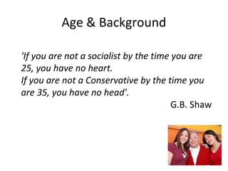 Age & Background
'If you are not a socialist by the time you are
25, you have no heart.
If you are not a Conservative by the time you
are 35, you have no head'.
G.B. Shaw
 