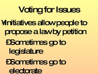 Voting for Issues Initiatives allow people to propose a law by petition Sometimes go to legislature Sometimes go to electorate 