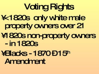 Voting Rights <1820s  only white male property owners over 21 1820s non-property owners - in 1820s Blacks - 1870 – 15 th  Amendment 