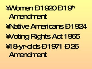 Women – 1920 – 19 th  Amendment Native Americans – 1924 Voting Rights Act 1965 18-yr-olds – 1971 – 26 Amendment 