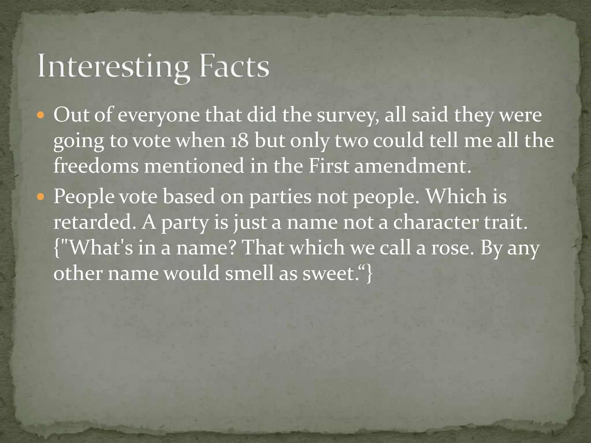 Out of everyone that did the survey, all said they were going to vote when 18 but only two could tell me all the freedoms mentioned in the First amendment.People vote based on parties not people. Which is retarded. A party is just a name not a character trait. {"What's in a name? That which we call a rose. By any other name would smell as sweet.“}Interesting Facts
