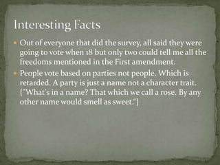 Out of everyone that did the survey, all said they were going to vote when 18 but only two could tell me all the freedoms mentioned in the First amendment.People vote based on parties not people. Which is retarded. A party is just a name not a character trait. {"What's in a name? That which we call a rose. By any other name would smell as sweet.“}Interesting Facts