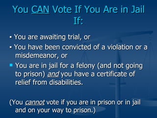 You  CAN  Vote If You Are in Jail If: <ul><li>▪ You are awaiting trial, or </li></ul><ul><li>▪ You have been convicted of ...