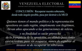 #SalvaTuVoto - nomascne.blogspot.com - votolimpio.info Información del sistema electoral venezolano actual
VENEZUELA ELECTORAL
Informe sobre elecciones viciadas en Venezuela bajo el comunismo
CONCLUSIÓN: Recuperar nuestra soberanía,
desde todo ángulo posible, pasa por destruir a la MUD
Quienes tienen el mando político y la representación
opositora en cada región, simplemente son ilegítimos,
llevan años apocando a las generaciones de relevo,
y su finalidad es sacar provecho
de la franquicia de la oposición, escalando posiciones
casi a rastras, pero sin ocuparse nunca de expulsar al
invasor ni de recuperar la soberanía.
 