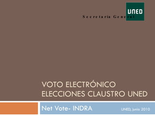 VOTO ELECTRÓNICO ELECCIONES CLAUSTRO UNED Net Vote- INDRA   UNED, junio 2010 Secretaría General 