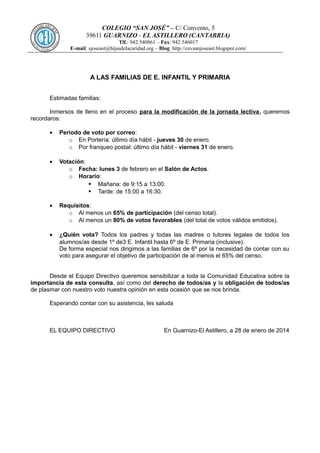 COLEGIO “SAN JOSÉ” – C/ Convento, 5
39611 GUARNIZO - EL ASTILLERO (CANTABRIA)
Tlf.: 942 540861 – Fax: 942 546017
E-mail: sjoseast@hijasdelacaridad.org – Blog: http://cevsanjoseast.blogspot.com/

A LAS FAMILIAS DE E. INFANTIL Y PRIMARIA
Estimadas familias:
Inmersos de lleno en el proceso para la modificación de la jornada lectiva, queremos
recordaros:
•

Periodo de voto por correo:
o En Portería: último día hábil - jueves 30 de enero.
o Por franqueo postal: último día hábil - viernes 31 de enero.

•

Votación:
o Fecha: lunes 3 de febrero en el Salón de Actos.
o Horario:
 Mañana: de 9:15 a 13:00.
 Tarde: de 15:00 a 16:30.

•

Requisitos:
o Al menos un 65% de participación (del censo total).
o Al menos un 80% de votos favorables (del total de votos válidos emitidos).

•

¿Quién vota? Todos los padres y todas las madres o tutores legales de todos los
alumnos/as desde 1º de3 E. Infantil hasta 6º de E. Primaria (inclusive).
De forma especial nos dirigimos a las familias de 6º por la necesidad de contar con su
voto para asegurar el objetivo de participación de al menos el 65% del censo.

Desde el Equipo Directivo queremos sensibilizar a toda la Comunidad Educativa sobre la
importancia de esta consulta, así como del derecho de todos/as y la obligación de todos/as
de plasmar con nuestro voto nuestra opinión en esta ocasión que se nos brinda.
Esperando contar con su asistencia, les saluda

EL EQUIPO DIRECTIVO

En Guarnizo-El Astillero, a 28 de enero de 2014

 