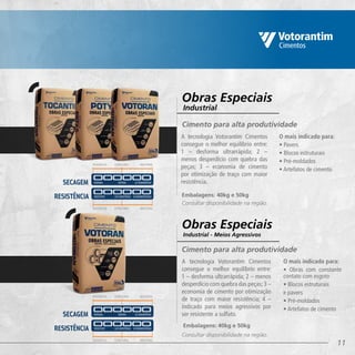 11
A tecnologia Votorantim Cimentos
consegue o melhor equilíbrio entre:
1 – desforma ultrarrápida; 2 –
menos desperdício com quebra das
peças; 3 – economia de cimento
por otimização de traço com maior
resistência.
Embalagens: 40kg e 50kg
Consultar disponibilidade na região.
Cimento para alta produtividade
Obras Especiais
Industrial
A tecnologia Votorantim Cimentos
consegue o melhor equilíbrio entre:
1 – desforma ultrarrápida; 2 – menos
desperdício com quebra das peças;3 –
economia de cimento por otimização
de traço com maior resistência; 4 –
indicado para meios agressivos por
ser resistente a sulfato.
Embalagens: 40kg e 50kg
Consultar disponibilidade na região.
Cimento para alta produtividade
Obras Especiais
Industrial - Meios Agressivos
O mais indicado para:
• Pavers
• Blocos estruturais
• Pré-moldados
• Artefatos de cimento
O mais indicado para:
• Obras com constante
contato com esgoto
• Blocos estruturais
e pavers
• Pré-moldados
• Artefatos de cimento
RESIDencial
RESIDencial
ESTRUTURAL
ESTRUTURAL
INDUSTRIAL
INDUSTRIAL
RESIDencial
RESIDencial
ESTRUTURAL
ESTRUTURAL
INDUSTRIAL
INDUSTRIAL
 