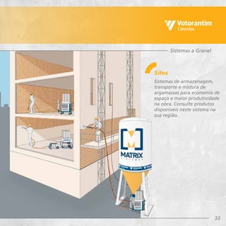 33
Sistemas a Granel
Sistemas de armazenagem,
transporte e mistura de
argamassas para economia de
espaço e maior produtividade
na obra. Consulte produtos
disponíveis neste sistema na
sua região.
Silos
 
