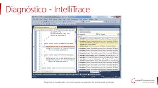 Diagnóstico - IntelliTrace
Diagnóstico da aplicação com informações recuperadas do ambiente de produção
 