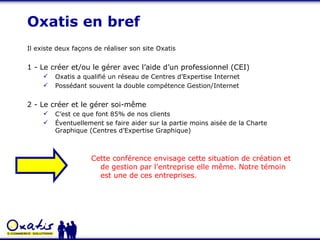 Oxatis en bref Il existe deux façons de réaliser son site Oxatis 1 - Le créer et/ou le gérer avec l’aide d’un professionnel (CEI) Oxatis a qualifié un réseau de Centres d’Expertise Internet Possédant souvent la double compétence Gestion/Internet 2 - Le créer et le gérer soi-même C’est ce que font 85% de nos clients Éventuellement se faire aider sur la partie moins aisée de la Charte Graphique (Centres d’Expertise Graphique) Cette conférence envisage cette situation de création et de gestion par l’entreprise elle même. Notre témoin est une de ces entreprises. 